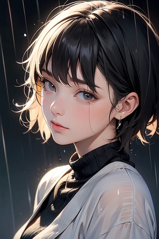 Short hair girl in the rain with tears