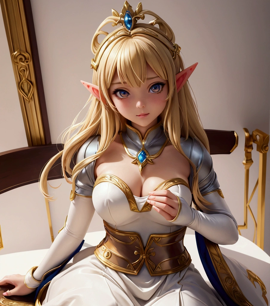 A blonde haired woman in a white dress with a brown and blue outfit, Cosplay photo, anime girl Cosplay, Cosplay, anime Cosplay, From System 2, ayaka Cosplay, ornate Cosplay, Enchanting Elven Princess Knight, full-Cosplay, Anime Goddess, She has elven ears and golden eyes, Beautiful and elegant elven queen, very beautiful elven top model