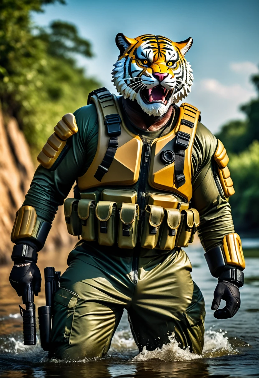 (a dark-skinned bearded fat muscular old man in a bulky army camouflage zipper diver suit) holding a gun, (wearing a small-sized realistic roaring tiger mask), dynamic action pose, fierce expression, showcasing an imposing stature, surrounded by military elements, dramatic shadows and intense highlights, cinematic color tones, high detail, powerful, art influenced by Bruce Onobrakpeya and Stanley Artgerm, ultra-detailed, best quality image, action-packed atmosphere, patrolling in a river.