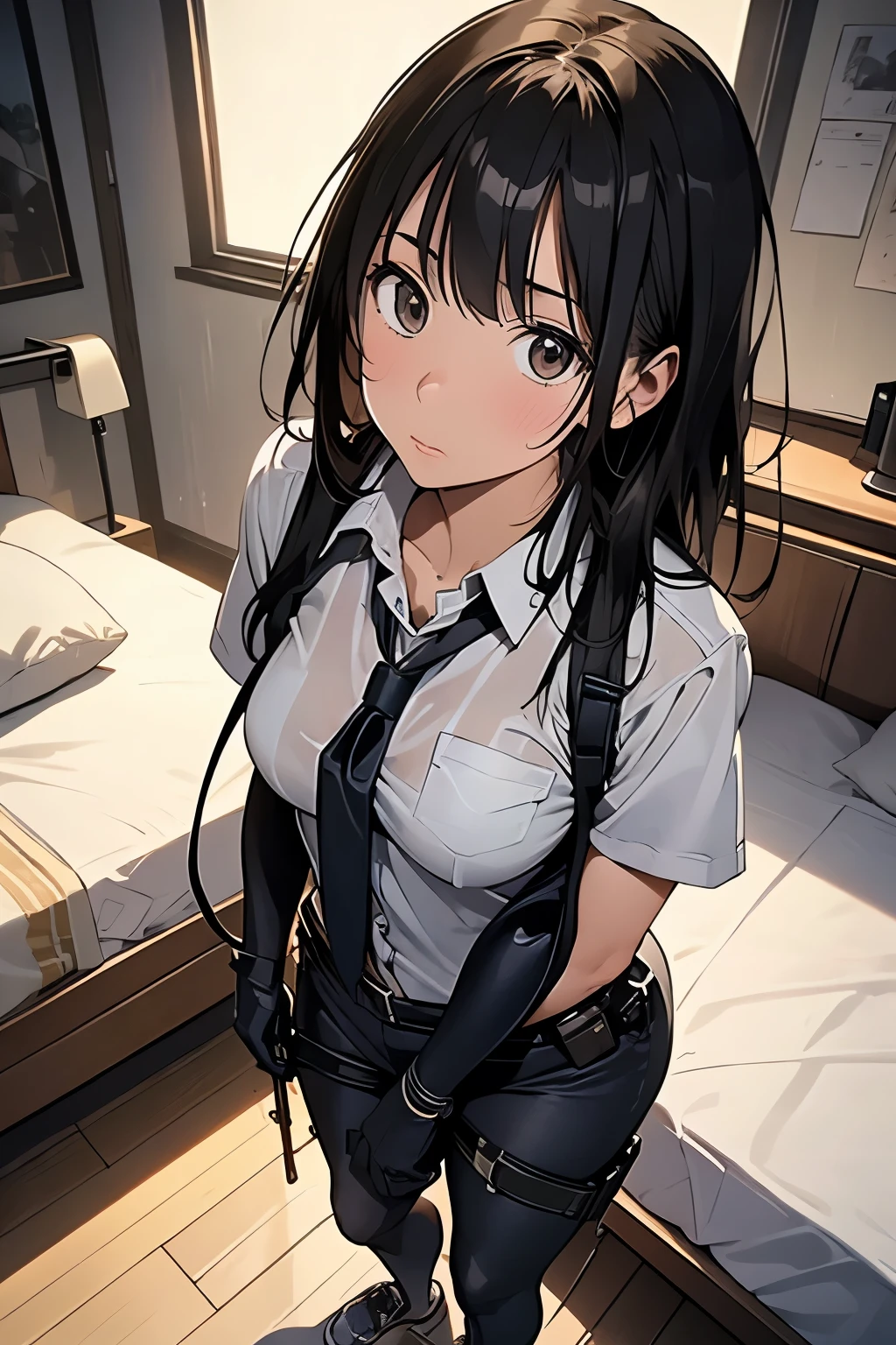 1 female, , high quality, masterpiece, Ultra-high resolution, , Cinema Lighting, , , And the suspenders with the cranes flying　　　Large Breasts　 　 　　　　Small face　 　　　holster　　　　　　　 Lying in bed　Looking up　　　　Sweat 　　　belt　summer　脇Sweat 　Black Hole Gloves　suit　shirt　　Black jacket　 Black trousers　Leg Links　ズボンにbelt　　holster　 　　Hands behind your back　 Anxious expression　Looking up　Anxious face, legs apart　Armament　　Cable ties　レッグholster　holster　See-through clothing　heavy rain　Getting wet in the rain