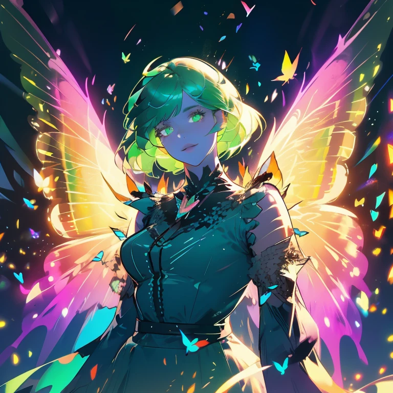 a beautiful woman with colorful butterfly wings, Vibrant green hair, detailed face,detailed green eyes,detailed lips,intricate butterfly wings,detailed wing patterns,detailed clothing,colorful butterfly wings,cinematic lighting,dramatic lighting,golden light particle, best detailed,photorealistic,hyper detailed,8k,masterpiece,ultra detailed, best shadow, cinematic composition,vibrant colors, portrait, action pose, posed, tilted, fantastic, dynamic angle,