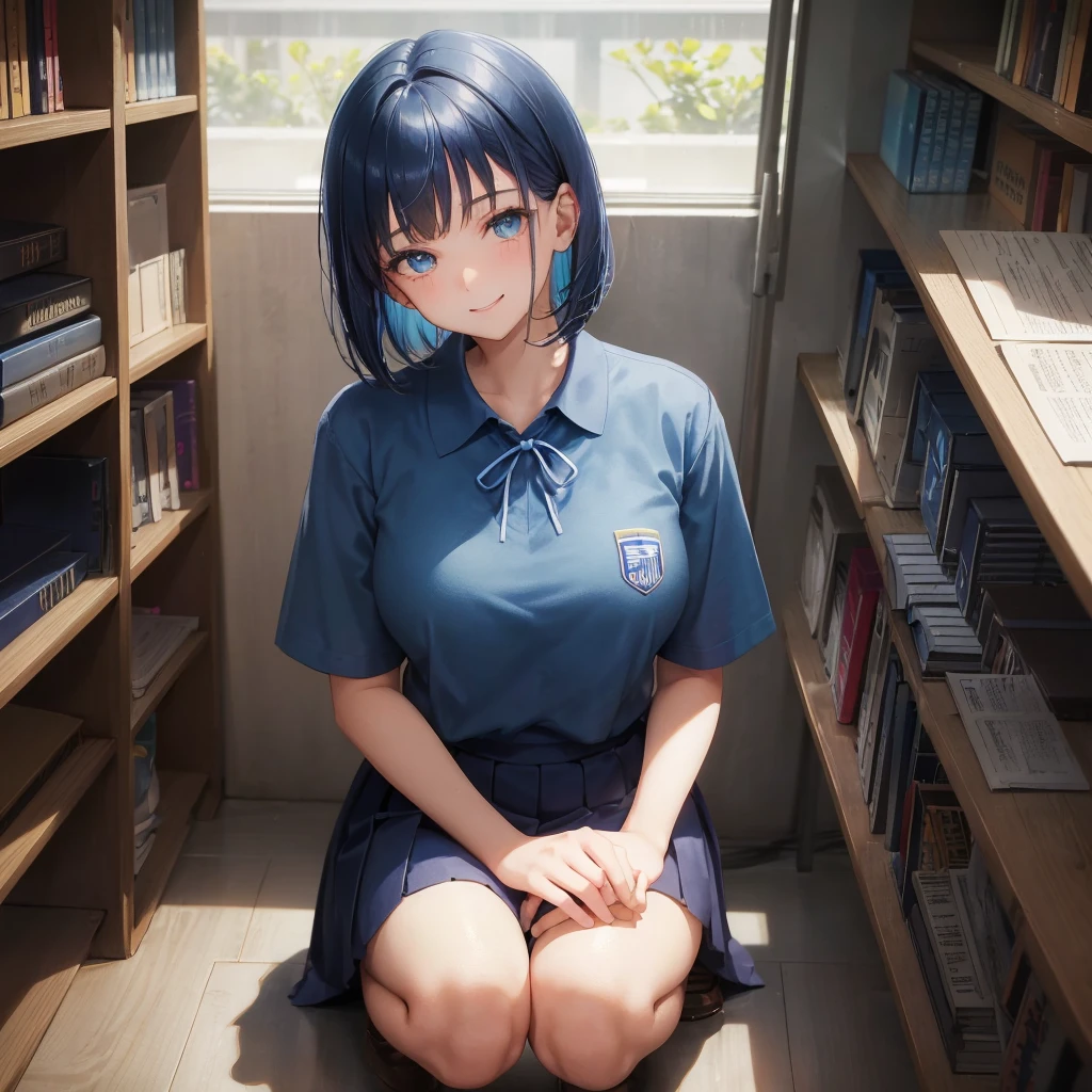 1. High school girl 17-year-old female Bobcut dark blue hair color High School Uniform Light blue Y-shirt Short sleeve Blue Ribbon dark blue hair color Slim figure Large Breasts Full body portrait School library Smiling Kindly Laugh a little library Hand Signs squat Kneel Look up here