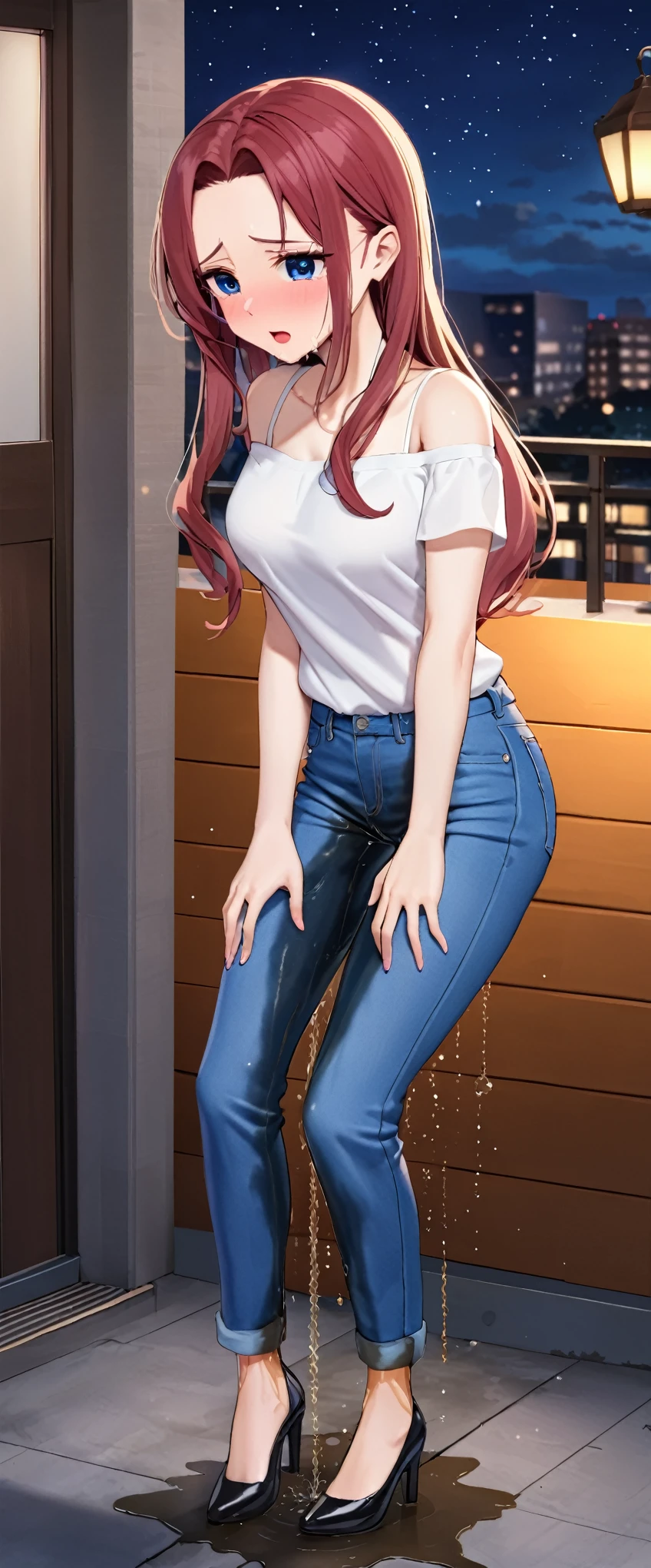 ((best quality, masterpiece:1.3, 8K)), (detailed), highly detailed face and skin texture, detailed eyes, full body, outdoor night, (slender body:1.1), 1girl, (solo), (18+ years old), white skin, bright lips, worried, embarrassed, panicking, long hair, (forehead:1.0), (dating outfit:1.2), medium breast, (jeans pants:1.5, blue jeans:1.5), (((wetting herself:1.8))), desperation:1.2,