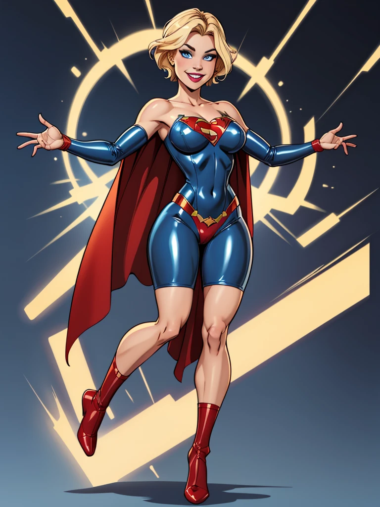 Young female, blonde with short hair, blue eyes, wearing a blue latex heroine outfit, wearing a golden shoulder pad, wearing a red cape, smiling, full body, defined breasts