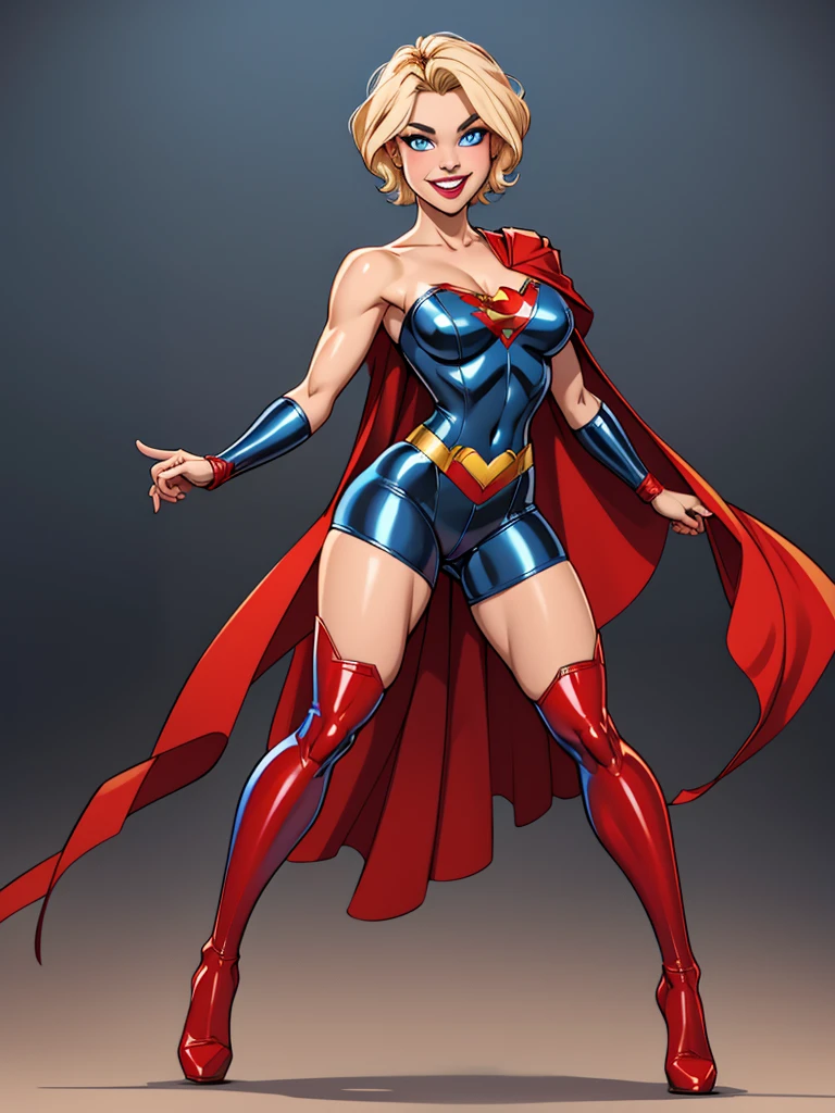 Young female, blonde with short hair, blue eyes, wearing a blue latex heroine outfit, wearing a golden shoulder pad, wearing a red cape, smiling, full body, defined breasts