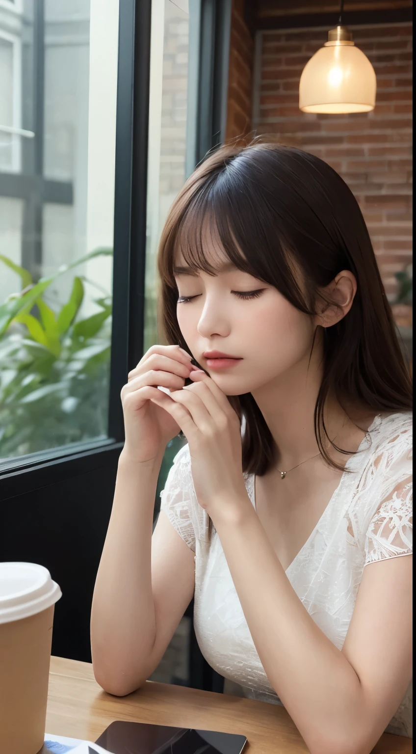 masutepiece, Best Quality, Illustration,Eyes closed、Close your eyes、 Ultra-detailed, finely detail, hight resolution, 8K Wallpaper, , summer dress,Medium Hair, mid-chest, Sitting in a coffee shop、Pensive
、Eyes closed、Downcast face、Eyes closed