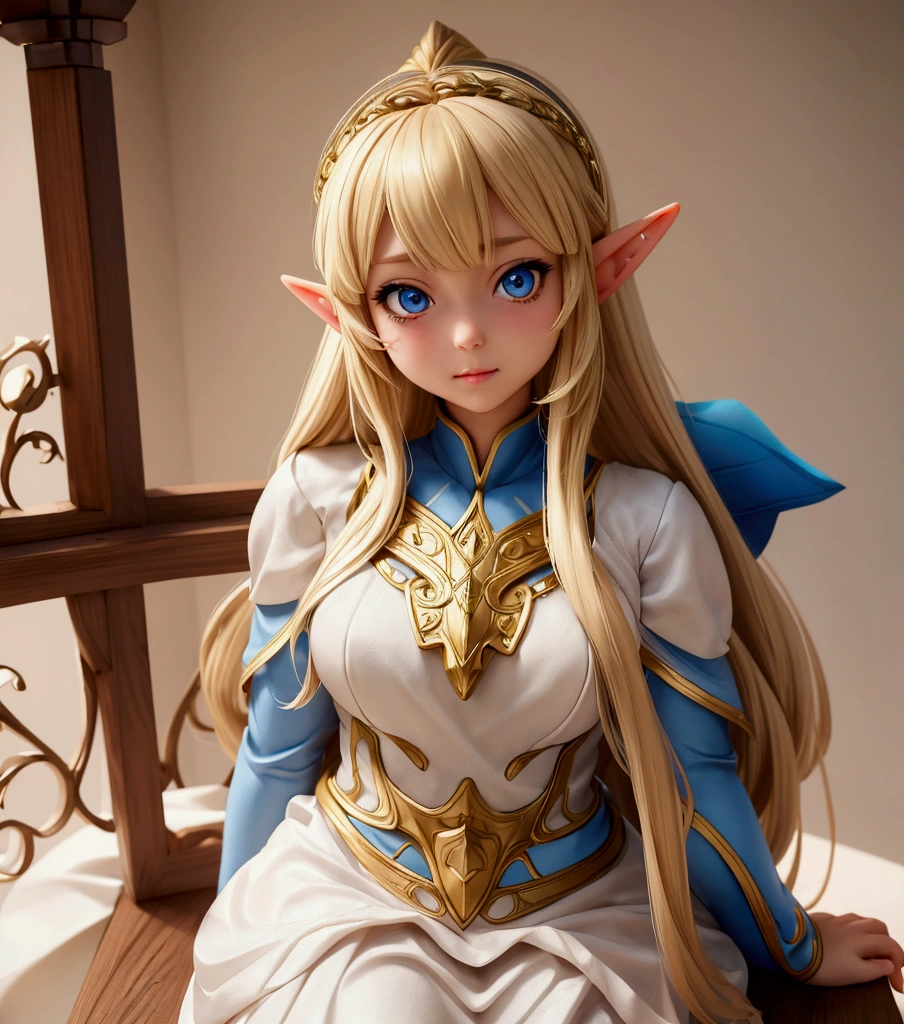 A blonde haired woman in a white dress with a brown and blue outfit, Cosplay photo, anime girl Cosplay, Cosplay, anime Cosplay, From System 2, ayaka Cosplay, ornate Cosplay, Enchanting Elven Princess Knight, full-Cosplay, Anime Goddess, She has elven ears and golden eyes, Beautiful and elegant elven queen, very beautiful elven top model