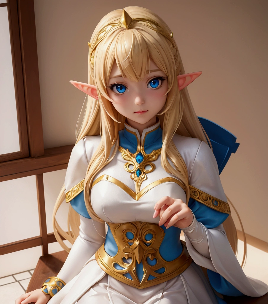 A blonde haired woman in a white dress with a brown and blue outfit, Cosplay photo, anime girl Cosplay, Cosplay, anime Cosplay, From System 2, ayaka Cosplay, ornate Cosplay, Enchanting Elven Princess Knight, full-Cosplay, Anime Goddess, She has elven ears and golden eyes, Beautiful and elegant elven queen, very beautiful elven top model