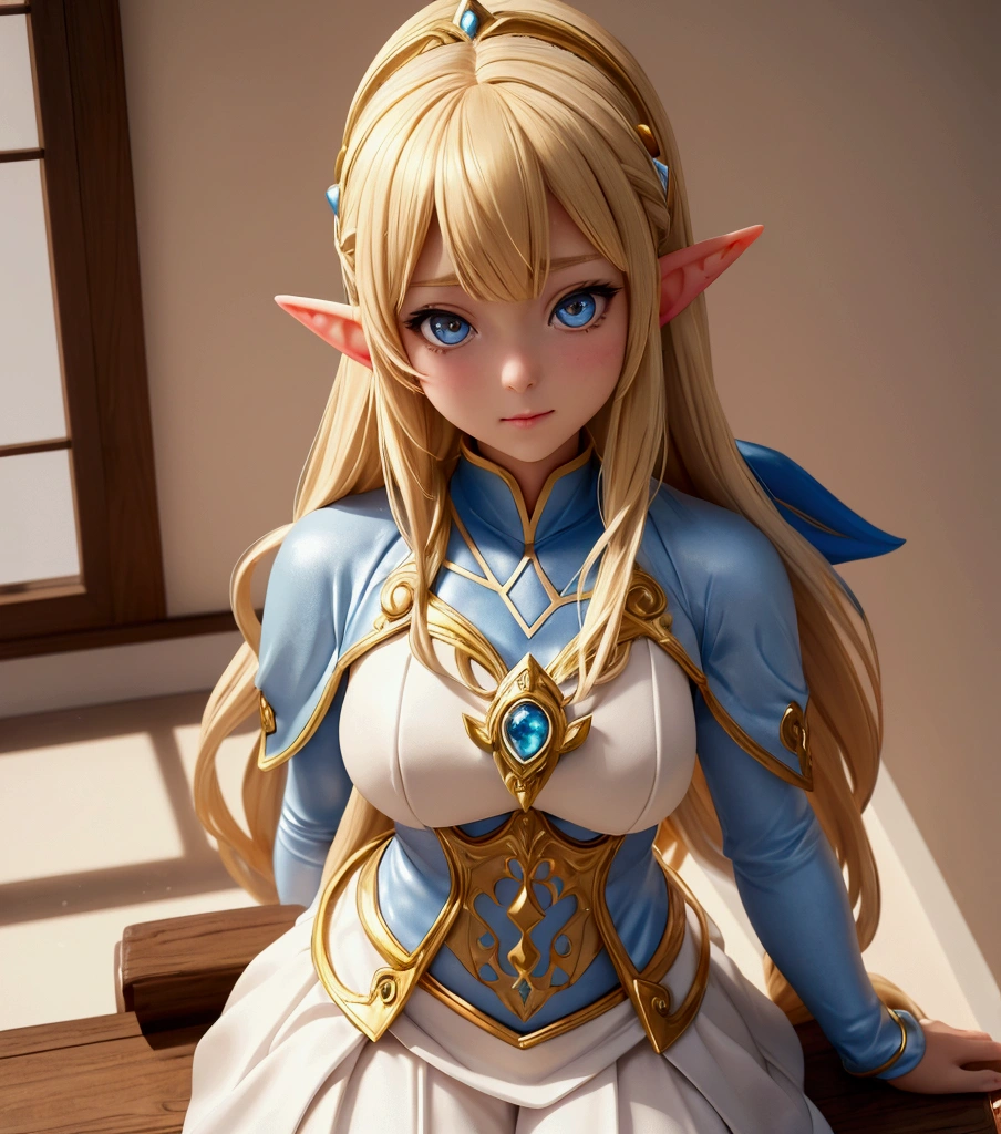 A blonde haired woman in a white dress with a brown and blue outfit, Cosplay photo, anime girl Cosplay, Cosplay, anime Cosplay, From System 2, ayaka Cosplay, ornate Cosplay, Enchanting Elven Princess Knight, full-Cosplay, Anime Goddess, She has elven ears and golden eyes, Beautiful and elegant elven queen, very beautiful elven top model