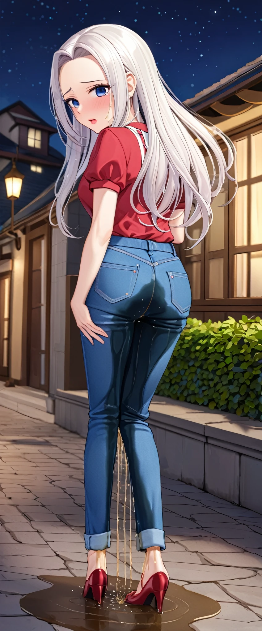 ((best quality, masterpiece:1.3, 8K)), (detailed), highly detailed face and skin texture, detailed eyes, full body, (from behind:1.5), outdoor night, (slender body:1.1), 1girl, (solo), (18+ years old), white skin, bright lips, worried, embarrassed, panicking, long hair, (forehead:1.0), (dating outfit:1.2), medium breast, (jeans pants:1.5, blue jeans:1.5), (((wetting herself:1.8))), desperation:1.2,