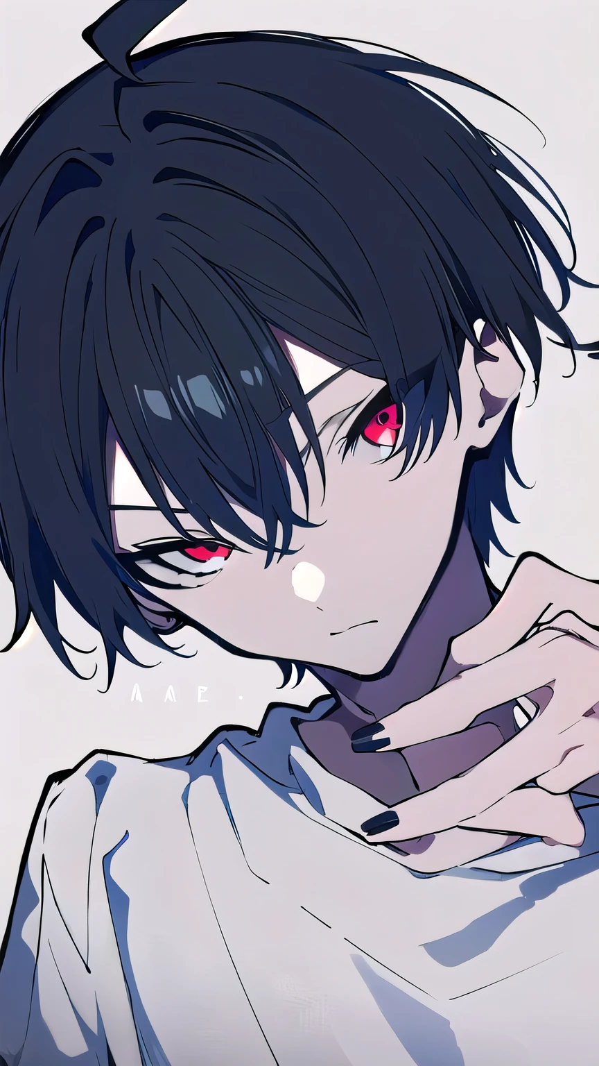 masterpiece, best quality, male, 1boy, solo, very short hair, looking_at_viewer, bangs, simple_background, short_sleeves, white t-shirt, hair_between_eyes, closed_mouth, ahoge, cowlick, monochrome, upper_body, black_hair, red eyes, fingernails, black_nails, 