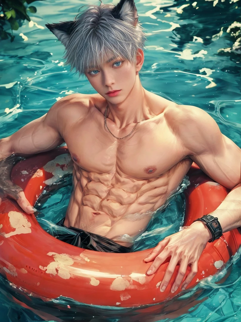 1 male, high resolution 8k, adult, handsome, perfect face detail, detailed eyes and face, clean shaved, sixpack realistic, white eyebrow hair, white eyelashes, dynamic lighting, unreal engine, hd picture, satoru gojo, Jujutsu kaisen, white hair, short hair ,hair between eyes ,blue eyes, white skin, round buoy, water details, wolf ears