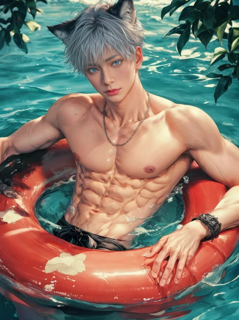 1 male, high resolution 8k, adult, handsome, perfect face detail, detailed eyes and face, clean shaved, sixpack realistic, white eyebrow hair, white eyelashes, dynamic lighting, unreal engine, hd picture, satoru gojo, Jujutsu kaisen, white hair, short hair ,hair between eyes ,blue eyes, white skin, round buoy, water details, wolf ears