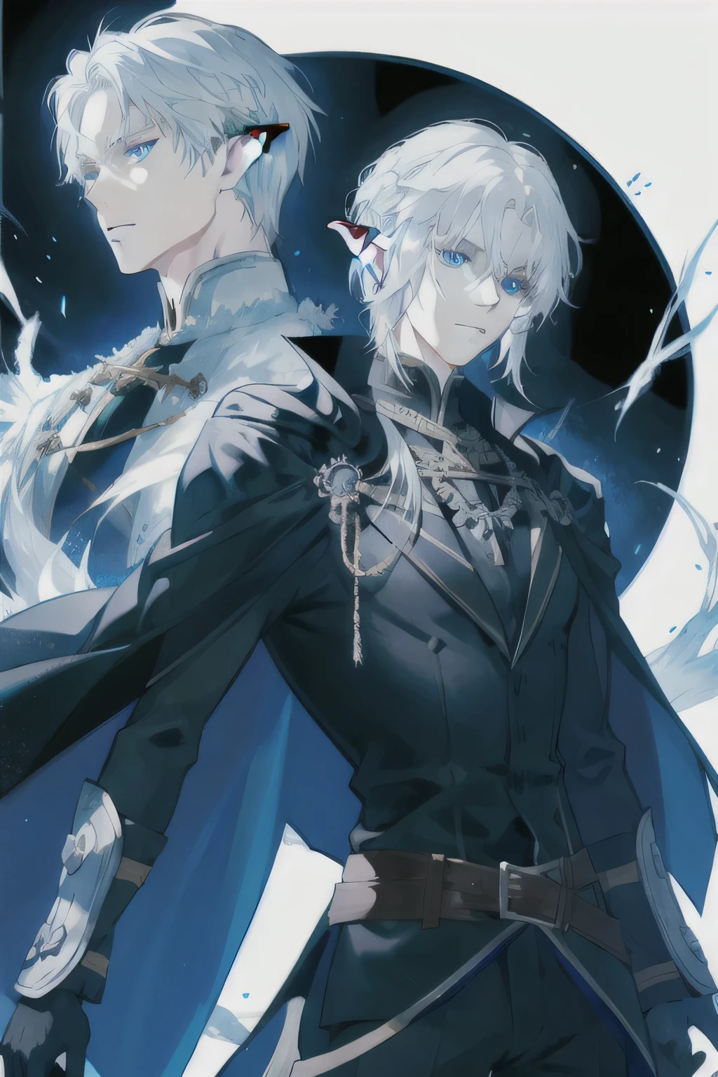 White hair, elf, black cape, blue eyes, black background, handsome