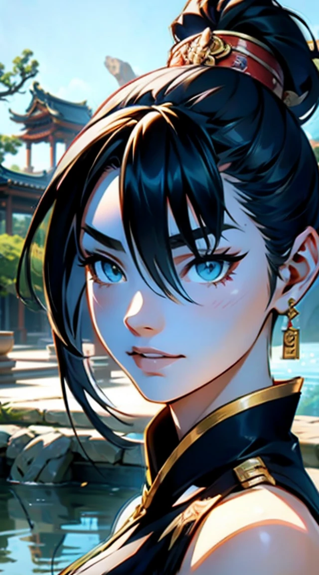 perfect face, face cold, random expressions,random action, ancient japanese architecture,pond, a close up of a woman in a dress holding a sword, by Yang J, Anime fantasy illustration, 2. 5 D CGI anime fantasy artwork, Chinese fantasy, xianxia fantasy, author：Fan Qi, Inspired by Lan Ying, trending digital fantasy art, Beautiful character painting, Fantasy art style, a beautiful fantasy empress, inspired by Wu Bin, Inspired by Ai Xuan,Two dimensions，anime style，one person（male warrior），proportions are correct，facial details，swordsman，high ponytail hairstyle，neck detail，Have an Adam&#39;s apple，Black and gold rob，Black and gold robe，clothing details，Hand over，long sleeves，Game quality，fencing，Ray tracing，Ray tracing，Detailed glow，CG rendering，hair details，Long black and blond hair，Black-gold eyes，Handsome，Handsome，（Youthful feeling），Costumes are complicated，Perfect composition，refine，high quality，higher detailany details，Complex background，a sense of atmosphere，