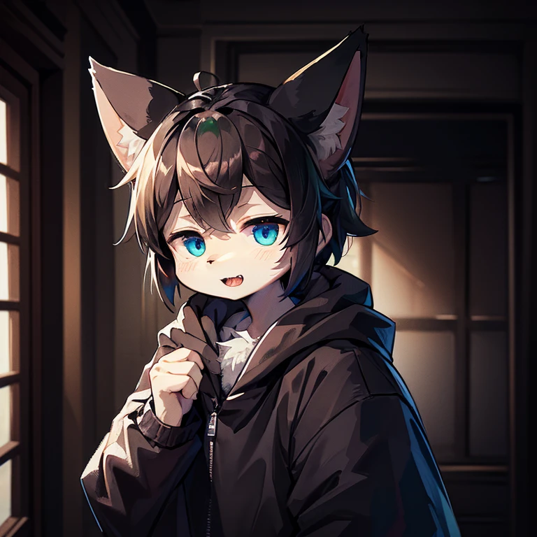 Masterpiece, best quality, high quality (dark environment), abstract res, digital painting, artwork, 1anthro Male cat, Solo, Black fluffy fur on his body, character focus, short hair, has Fluffy cat tail, Blue eyes with brightness, wears Green cloak, portait, in a panoramic view, Interior, in the room, (Detailed background), tack sharp focus, The Furry feeling of Animal Ears, with her mouth open, Sharp teeth are exposed, 1lamp lights, in the Night