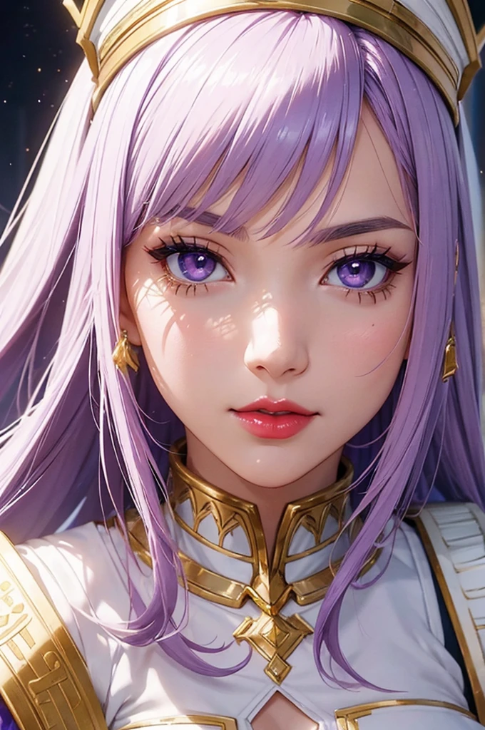 a closeup of a woman in a white dress and purple hair , stylized anime, Egyptian princess, anime style, detailed white armor, Heavy white and gold armor, armor girl, pretty female clergyman，beautiful，Little mom, funny, super fine detail，work，Authentic texture，Realistic movie lighting, 8k，High Definition，Exquisite facial features slim figure.，big shiny eye piece，light makeup, Red lips, Little mom,