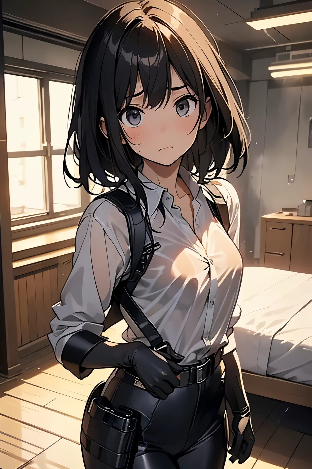 1 female, , high quality, masterpiece, Ultra-high resolution, , Cinema Lighting, , , And the suspenders with the cranes flying　　　Large Breasts　 　 　　　　Small face　 　　　holster　　　　　　　 Lying in bed　Looking up　　　　Sweat 　　　belt　summer　脇Sweat 　Black Hole Gloves　suit　shirt　　Black jacket　 Black trousers　Leg Links　ズボンにbelt　　holster　 　　Hands behind your back　 Anxious expression　Looking up　Anxious face, legs apart　Armament　　Cable ties　レッグholster　holster　See-through clothing　heavy rain　Getting wet in the rain