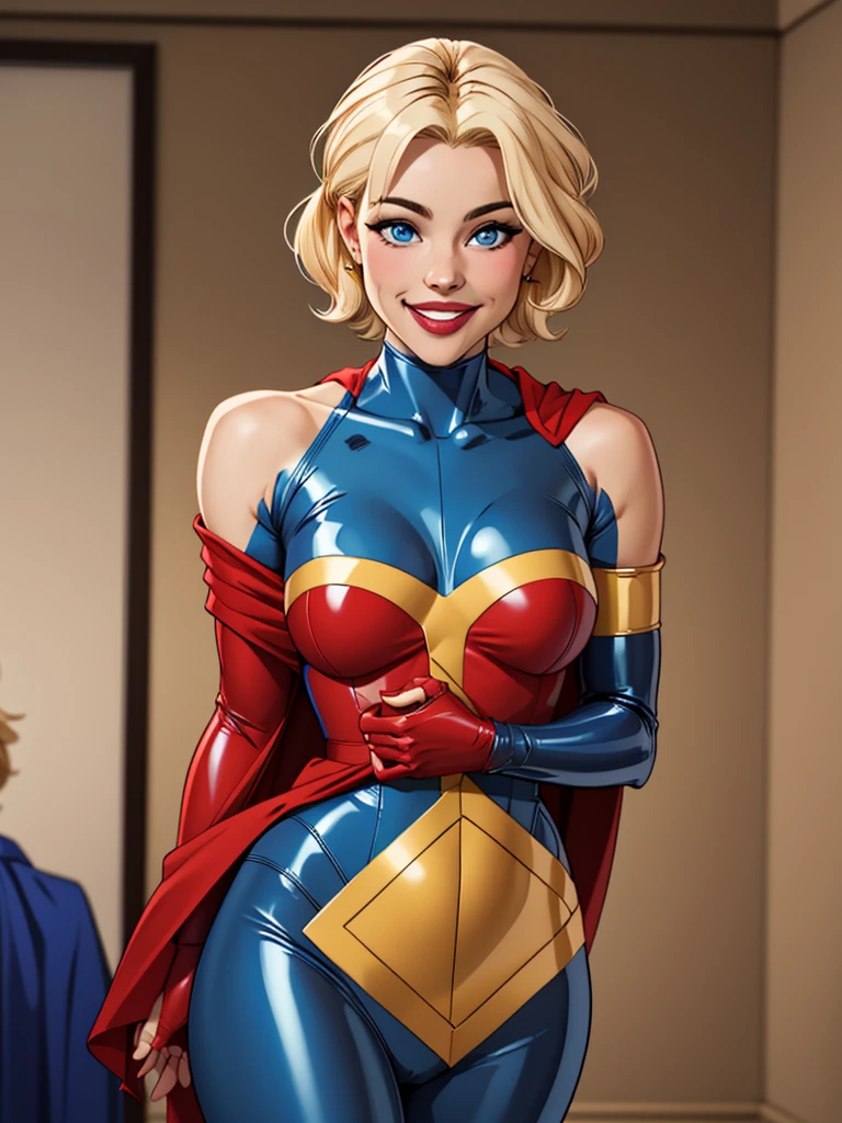 Young female, blonde with short hair, blue eyes, wearing a blue latex heroine outfit, wearing a golden shoulder pad, wearing a red cape, smiling, , defined breasts