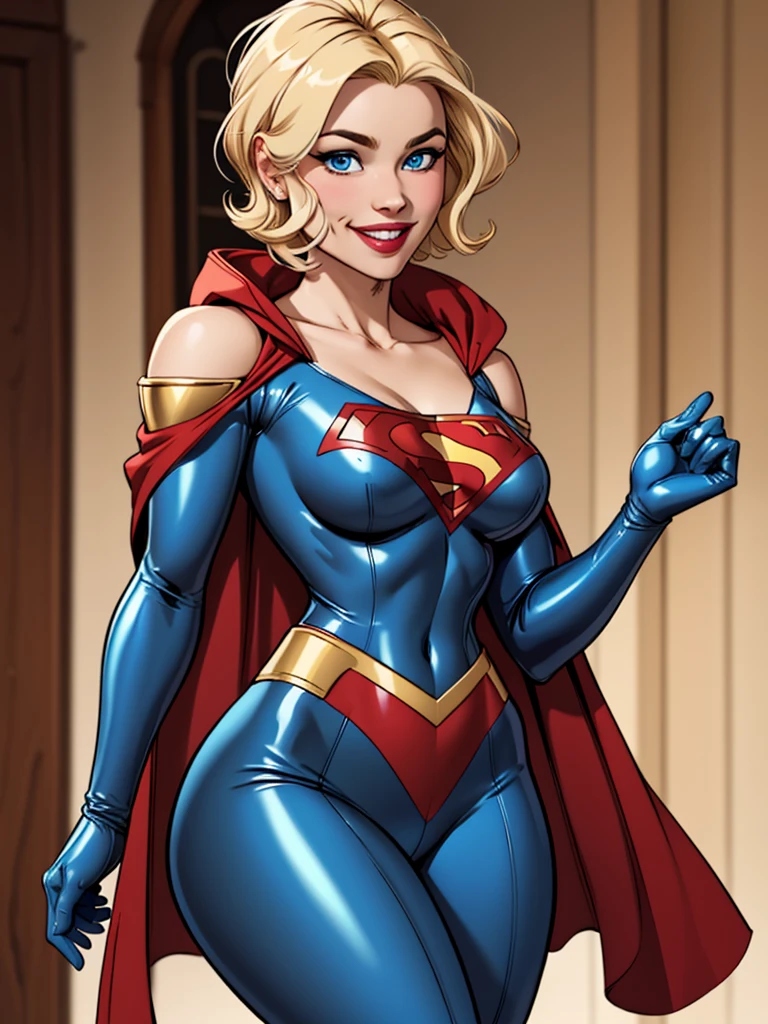 Young female, blonde with short hair, blue eyes, wearing a blue latex heroine outfit, wearing a golden shoulder pad, wearing a red cape, smiling, , defined ???????
