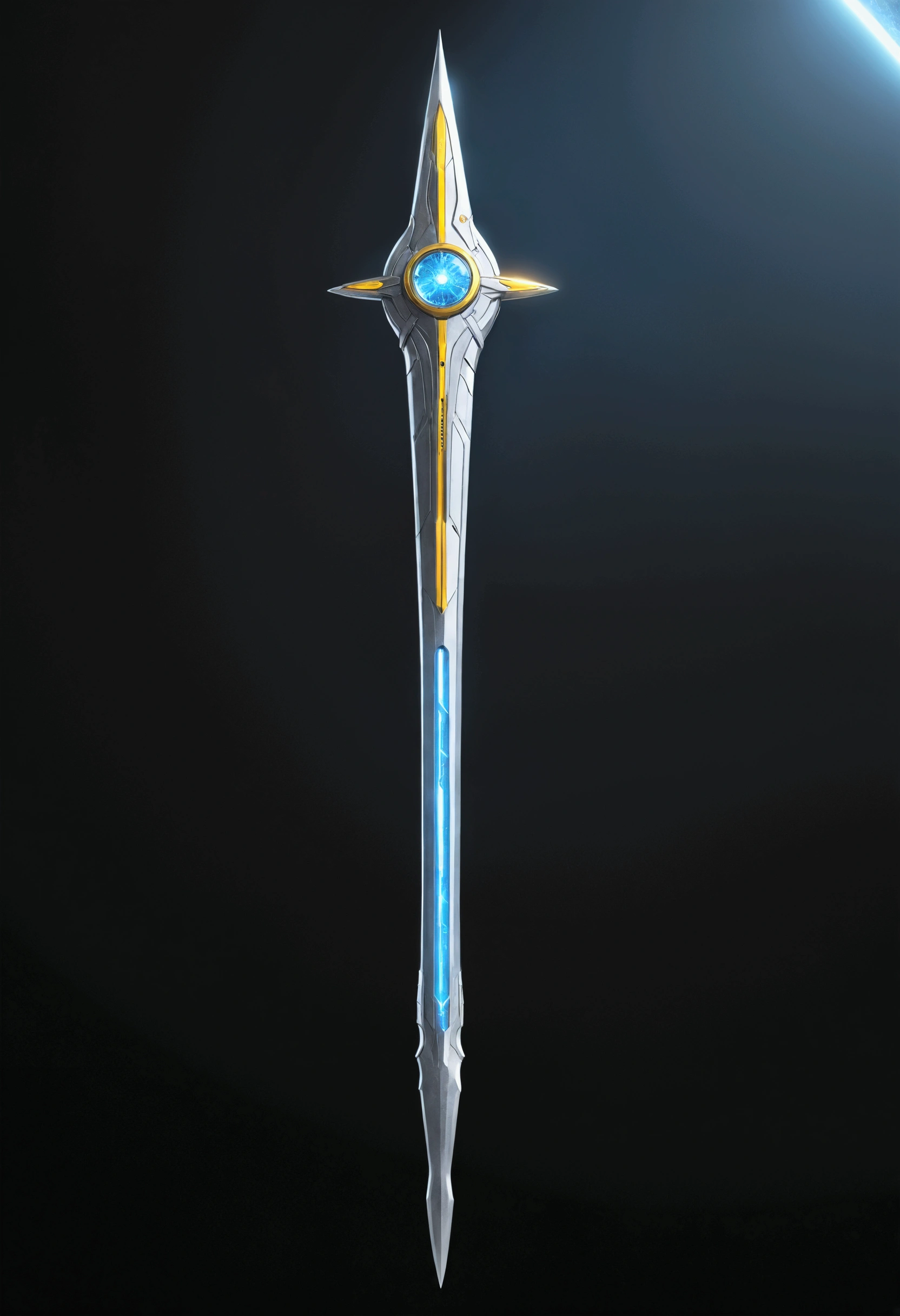 The image displays a stylized, futuristic weapon with a sleek design. The body of the weapon is predominantly blue and silver, with a yellow circular feature at its base that could be interpreted as a power source or energy core. The top of the weapon features a star-like emblem, suggesting a theme of space or celestial bodies. The weapon's shape is elongated and pointed, resembling a spear or a lance, which indicates it might be designed for thrusting attacks. The overall aesthetic is one of advanced technology and possibly science fiction.