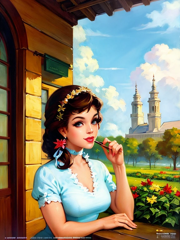 masterpiece, best quality, ultra-detailed, illustration, beautiful detailed eyes, 1girl, detailed scenery, water drop, short sleeves, sunlight, smile, white dress, style of Francois Gerome