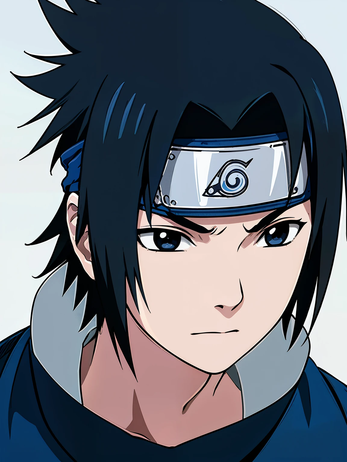 masterpiece, best quality, 1boy, uchiha sasuke, black hair, black eyes, forehead protector, blue shirt, close up, solo, looking at viewer, sketch, simple background