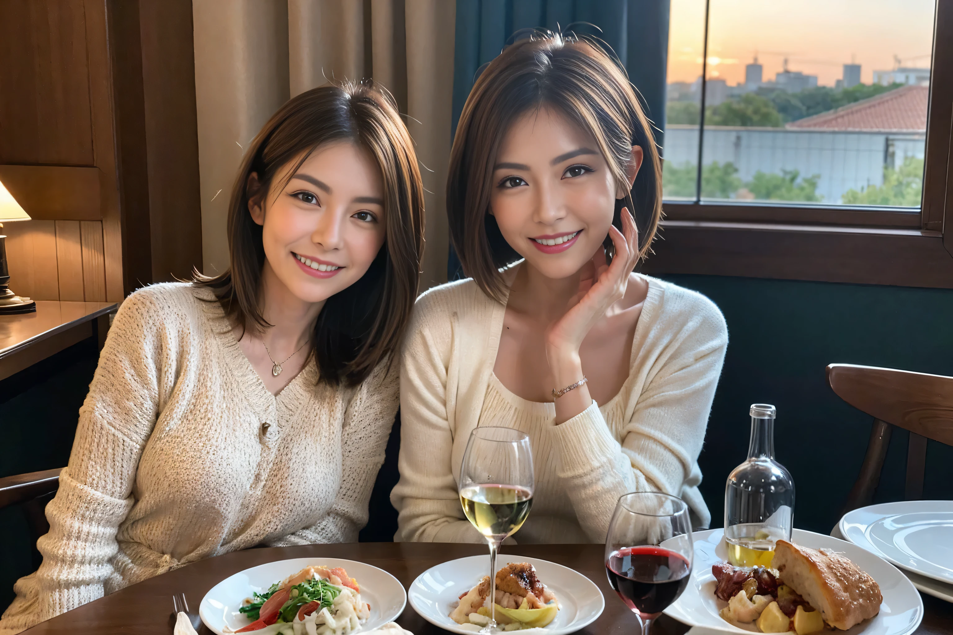 (Realistic:1.1),(masterpiece,Highest quality),8k,(49 years old), 50 years old, ベリーslimボディ、slimカップル、Tight waist,Upper Body,full-course dinner、wine 、Amazing view of the sunset sky and clouds、Perfect Anatomy, Brown Hair, short hair,Random Hairstyles,((Highly detailed face and eyes:1.2)),Perfect golden ratio face,Long sleeve shirt、dress,(smile:1.2)、Shortcuts、cute、(Realistic, Intricate details:1.2), A bright smile、short hair,Bright Face、赤wine 、Appetizers、Italian food、wine bottle、Champagne、スパークリングwine、(slimな顔), (The body is slim), (Brown Hair), (Shortcuts), Upper Body, 白wine, slim, wineグラス,