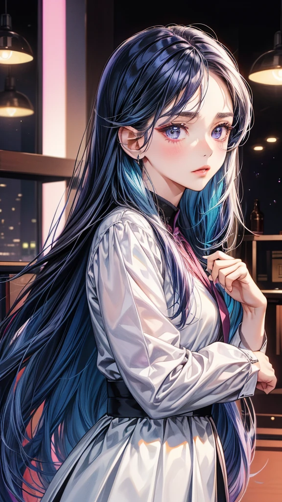One beautiful office woman,office background
Very long hairstyle 、dark blue hair , purple eyes, beautiful eyes, detailed eyes , shyly face
Two-tone hair colors,small face、anime makeup、"A girl with a cute and androgynous face"、white skin、cute eyes、thin eyebrows、tall、stylish black luxury fashion、stylish outfits 、、25 years old、British girl、Has a languid look、Lower the corners of your mouth with no expression on your face、Photographed from the side diagonally、model photoshoot、masterpiece、highest quality、high resolution、office、glaring expression、korean makeup 、Cool photos、Various poses、rich, Shy woman, bossy , an expression of embarrassment, blushes on the faces, plump body, mature woman