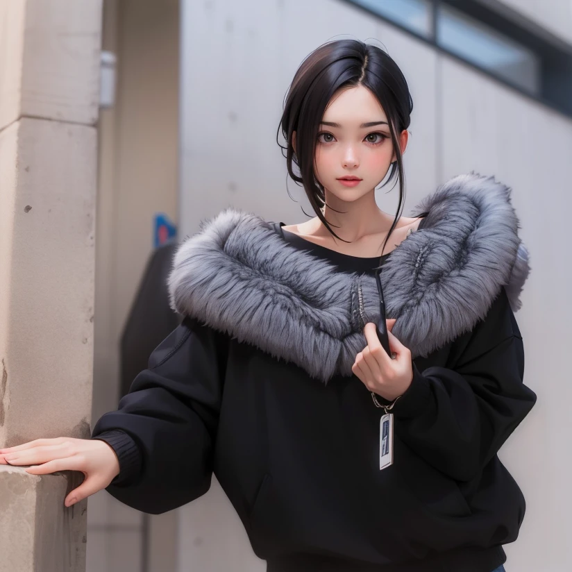 Beautiful girl wearing black shirt and huge fur scarf