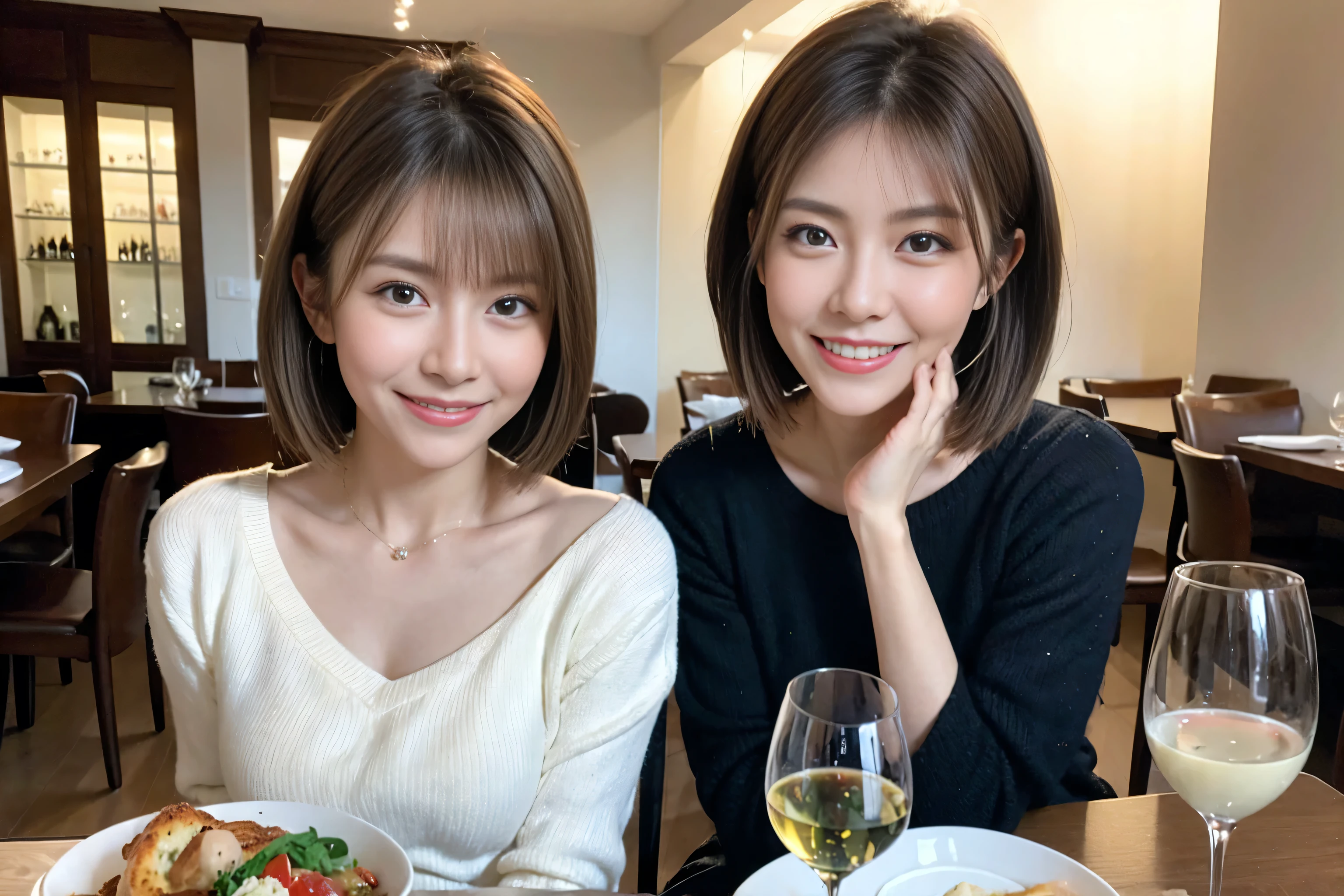 (Realistic:1.1),(masterpiece,Highest quality),8k,(49 years old), 50 years old, ベリーslimボディ、slimカップル、Tight waist,Upper Body,full-course dinner、wine 、Amazing view of the sunset sky and clouds、Perfect Anatomy, Brown Hair, short hair,Random Hairstyles,((Highly detailed face and eyes:1.2)),Perfect golden ratio face,Long sleeve shirt、dress,(smile:1.2)、Shortcuts、cute、(Realistic, Intricate details:1.2), A bright smile、short hair,Bright Face、赤wine 、Appetizers、Italian food、wine bottle、Champagne、スパークリングwine、(slimな顔), (The body is slim), (Brown Hair), (Shortcuts), Upper Body, 白wine, slim, wineグラス,