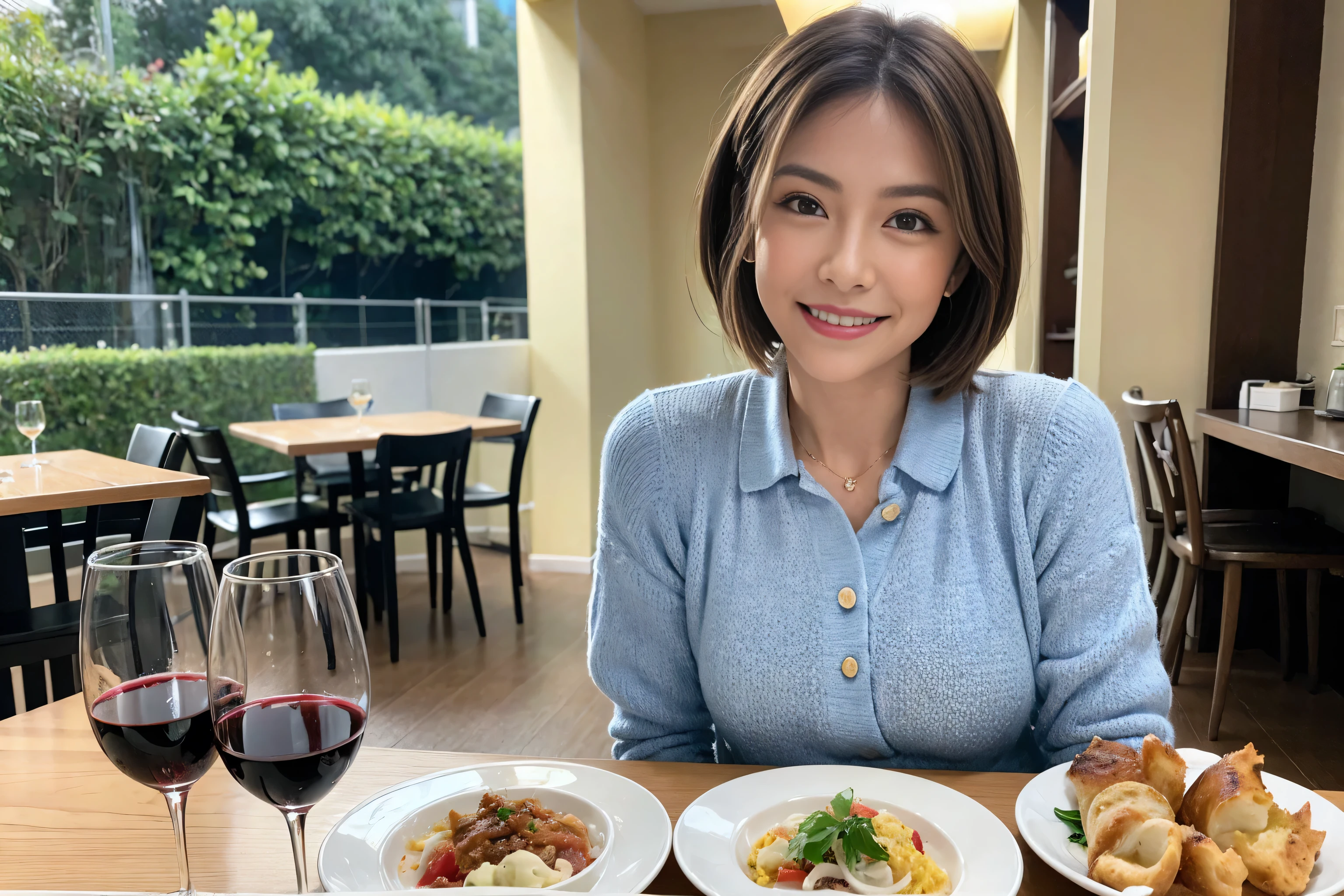 (Realistic:1.1),(masterpiece,Highest quality),8k,(49 years old), 50 years old, ベリーslimボディ、slimカップル、Tight waist,Upper Body,full-course dinner、wine 、Amazing view of the sunset sky and clouds、Perfect ???????, Brown Hair, short hair,Random Hairstyles,((Highly detailed face and eyes:1.2)),Perfect golden ratio face,Long sleeve shirt、dress,(smile:1.2)、Shortcuts、cute、(Realistic, Intricate details:1.2), A bright smile、short hair,Bright Face、赤wine 、Appetizers、Italian food、wine bottle、Champagne、スパークリングwine、(slimな顔), (The body is slim), (Brown Hair), (Shortcuts), Upper Body, 白wine, slim, wineグラス,