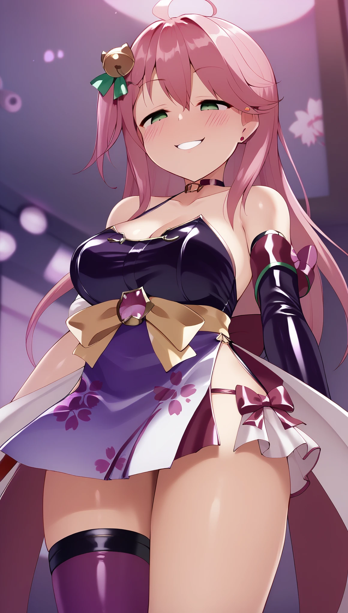 score_9, score_8, score_7, 1girl, blush, solo, (MikoBase:1.2), long hair, ahoge, one side up, hair bell, cherry blossom print, nontraditional miko, frills, single thighhigh, bridal garter, looking down, purple theme, smirk, evil smile, crazy smile, half-closed eyes, empty eyes, waist cutout, from below, collarbone, earclip, bare shoulders, elbow gloves, cleavage, latex, dark majical girl, corruption, shiny