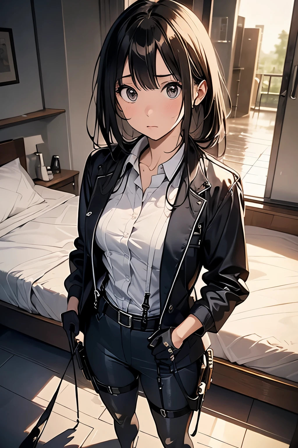 1 female, , high quality, masterpiece, Ultra-high resolution, , Cinema Lighting, , , And the suspenders with the cranes flying Large Breasts Small face holster Lying in bed Looking up Sweat belt summer 脇Sweat Black Hole Gloves suit shirt Black jacket Black trousers Leg Links ズボンにbelt holster Hands behind your back Anxious expression Looking up Anxious face, legs apart Armament Cable ties レッグholster holster See-through clothing heavy rain Getting wet in the rain
