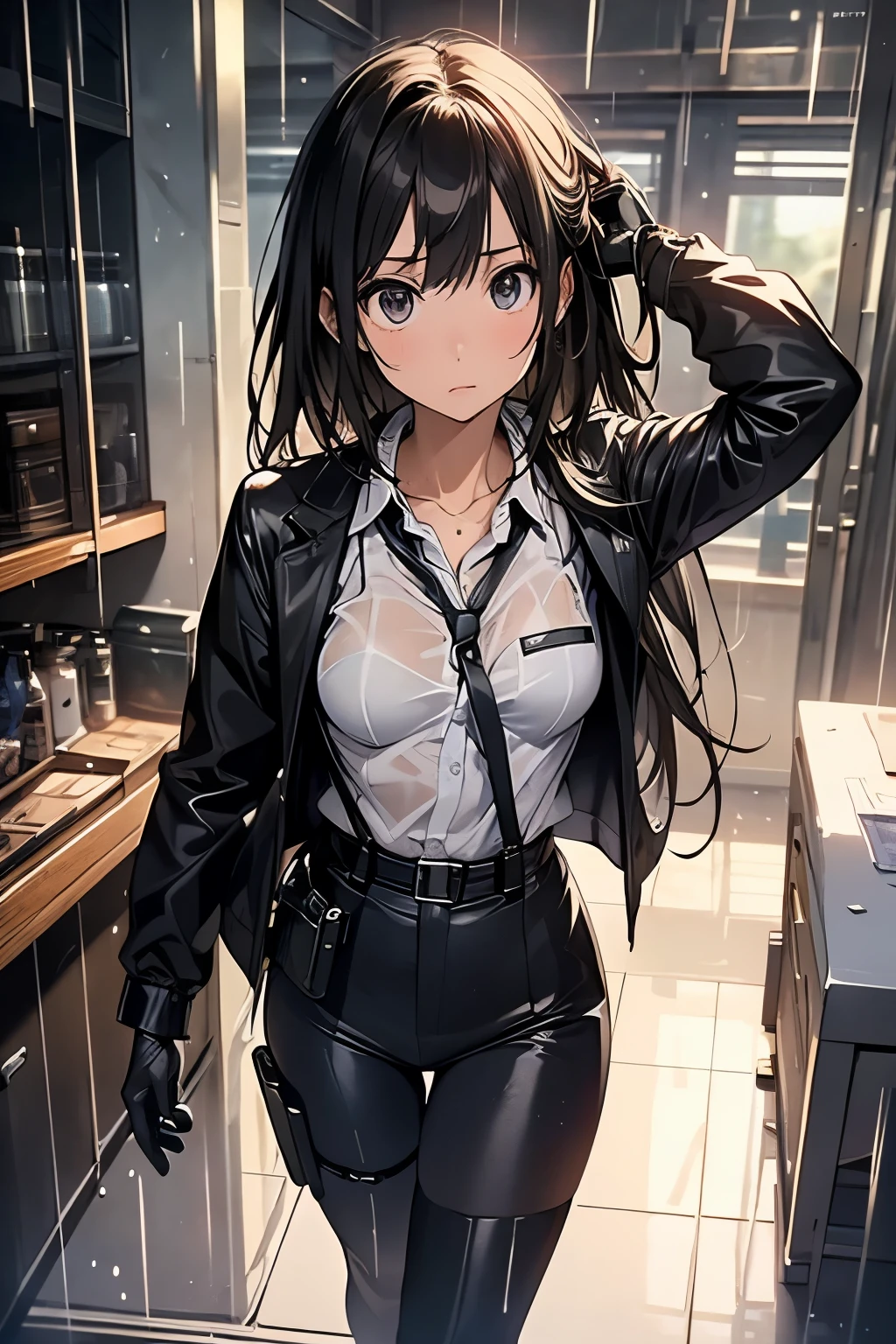 1 female, , high quality, masterpiece, Ultra-high resolution, , Cinema Lighting, , , And the suspenders with the cranes flying　　　Large Breasts　 　 　　　　Small face　 　　　holster　　　　　　　 Lying in bed　Looking up　　　　Sweat 　　　belt　summer　脇Sweat 　Black Hole Gloves　suit　shirt　　Black jacket　 Black trousers　Leg Links　ズボンにbelt　　holster　 　　Hands behind your back　 Anxious expression　Looking up　Anxious face, legs apart　Armament　　Cable ties　レッグholster　holster　See-through clothing　heavy rain　Getting wet in the rain