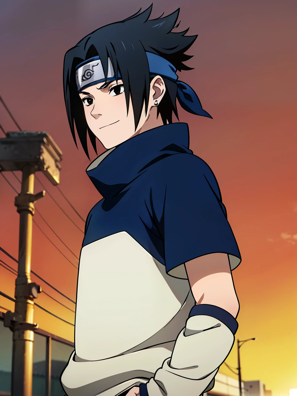 Highres, Masterpiece, Best quality at best,Best Quality,hight quality, hight detailed, Anime style, 1boy, Boy, Shota, Solo person, uchiha sasuke, black hair, black eyes, forehead protector, blue shirt, young boy, Uniform, colar, Tie, School, day, Slim body, smile, earring, Body, Simple beckground, Seen from the front, age 12, (very young boy), (Very small and short body), uhd, bokeh