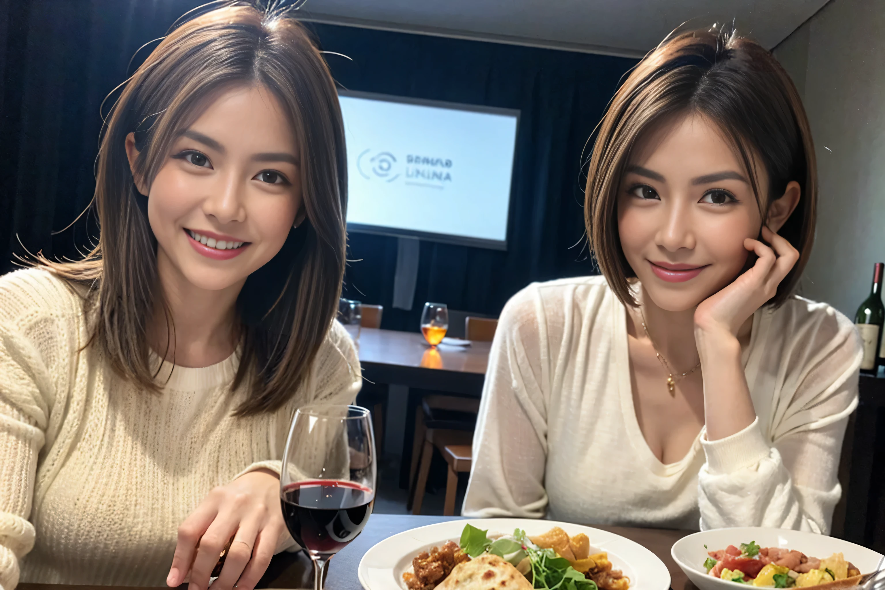 （Realistic:1.1）,(masterpiece,Highest quality)，8k,(49 years old), 50 years old, ベリーslimボディ、slimカップル、Tight waist,Upper Body,full-course dinner、wine 、Amazing view of the sunset sky and clouds、Perfect Anatomy, Brown Hair, short hair,Random Hairstyles,((Highly detailed face and eyes:1.2))，Perfect golden ratio face，Long sleeve shirt、dress,(smile:1.2)、Shortcuts、cute、(Realistic, Intricate details:1.2), A bright smile、short hair,Bright Face、赤wine 、Appetizers、Italian food、wine bottle、Champagne、スパークリングwine、(slimな顔), (The body is slim), (Brown Hair), (Shortcuts),  Upper Body, 白wine, slim, wineグラス, 