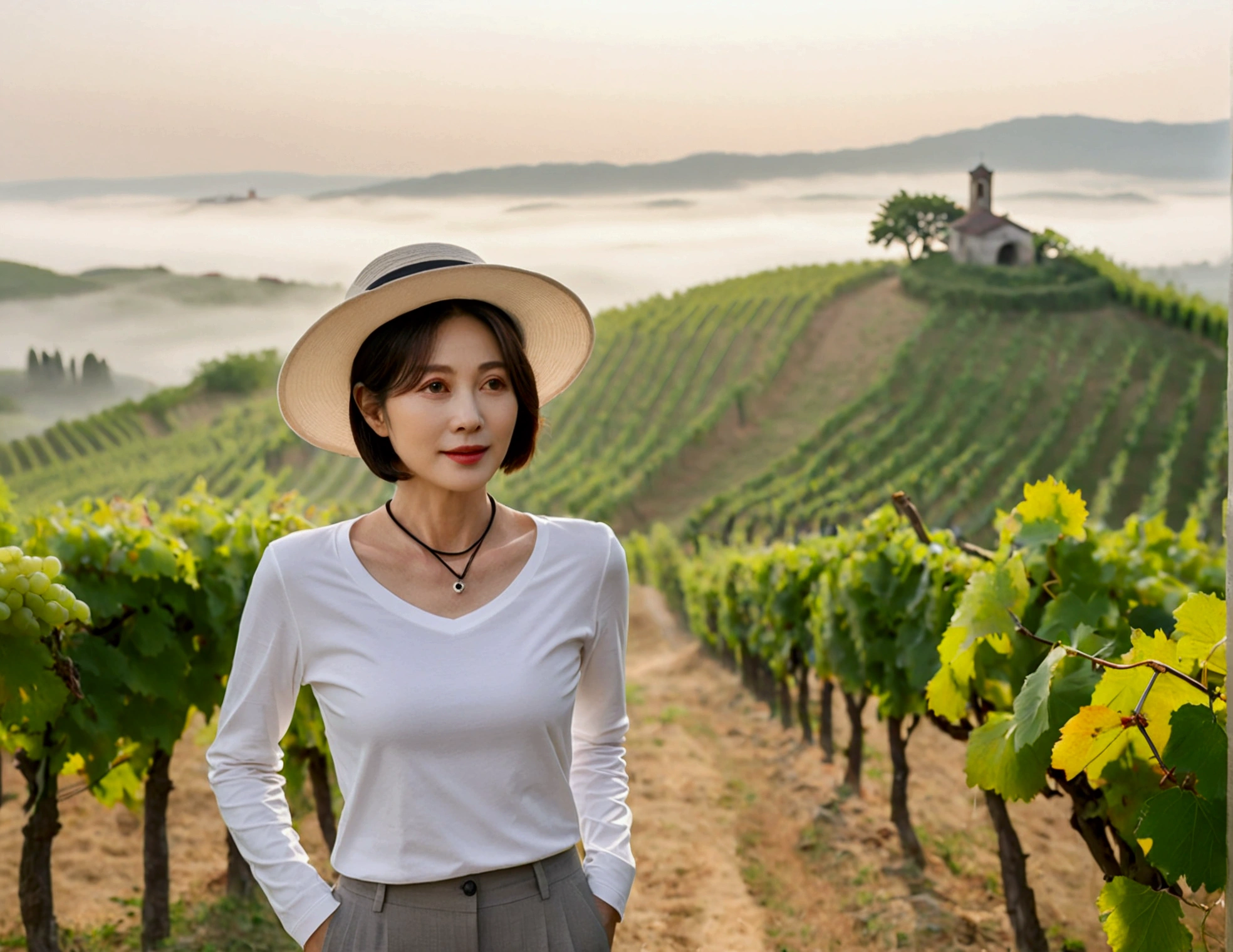 Italy foggy countryside dawn, Endless vineyards, A cathedral can be seen far away in the fog.. Korean woman in her 40s, Wearing a luxury brand white long-sleeved T-shirt, casual pants, Korean woman with beautiful short medium bob hair, Standing on a path on top of a vineyard hill, Beautiful Korean woman with bright and clear skin, The neckline is clean and beautiful.. Korean woman with a graceful and humble expression,Wear a slightly large, high-quality hat with a round rim., standing in the vineyard , small black string necklace, 1 woman