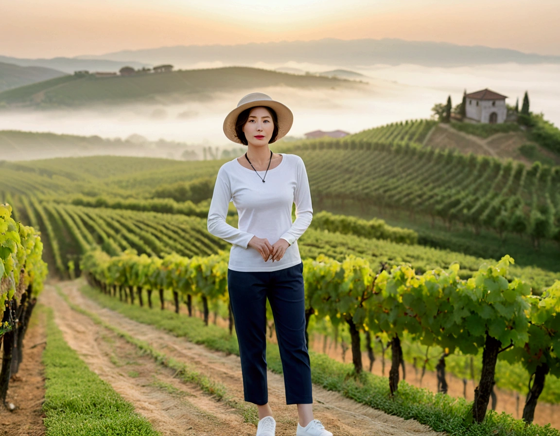 Italy foggy countryside dawn, Endless vineyards, A cathedral can be seen far away in the fog.. Korean woman in her 40s, Wearing a luxury brand white long-sleeved T-shirt, casual pants, Korean woman with beautiful short medium bob hair, Standing on a path on top of a vineyard hill, Beautiful Korean woman with bright and clear skin, The neckline is clean and beautiful.. Korean woman with a graceful and humble expression,Wear a slightly large, high-quality hat with a round rim., standing in the vineyard , small black string necklace, 1 woman