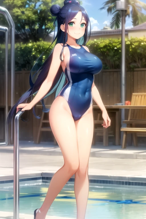 ((hdr, highest resolution, best quality, beautiful, raw image)),1girl, , dark blue hair, long hair, , ((((big topknot)))), ((((stand up half up hair)))), ((even bangs hair)), (blushing:1.1), smiling, green eyes, full body, slender, (medium breasts), thighs, early , blue one piece swimwear, outdoor pool ,((big float ring)),