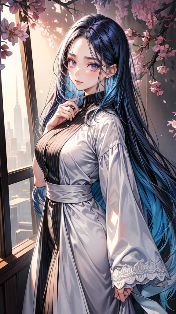 One beautiful office woman,office background 
Very long hairstyle 、dark blue hair , purple eyes, beautiful eyes, detailed eyes , shyly face 
Two-tone hair colors,small face、anime makeup、"A girl with a cute and androgynous face"、white skin、cute eyes、thin eyebrows、tall、stylish black luxury fashion、stylish outfits 、、25 years old、British girl、Has a languid look、Lower the corners of your mouth with no expression on your face、Photographed from the side diagonally、model photoshoot、masterpiece、highest quality、high resolution、office、glaring expression、korean makeup 、Cool photos、Various poses、rich, Shy woman, bossy , an expression of embarrassment, blushes on the faces, plump body, mature woman , big breasts 