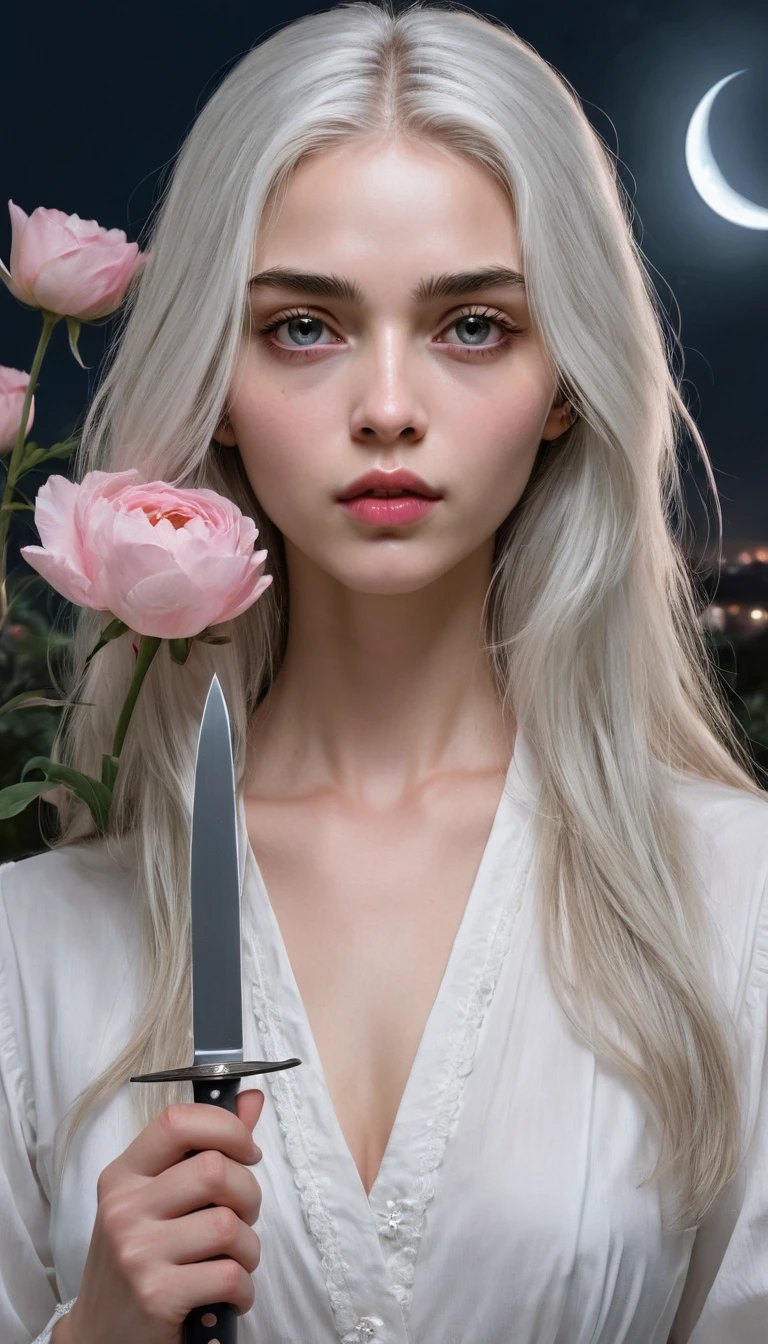 work of art, Excellent girl, Night Moon Full Moon, 1 female, mature woman, sister, Royal sister, cara fria, unexpressive, Silver-white long-haired woman, light pink lips, Calm, intellectual, Gray Eyes with Three Stripes, Assassin Short Knife, Flower ball background, Hand details, finger details, detalhes faciais, eye details,