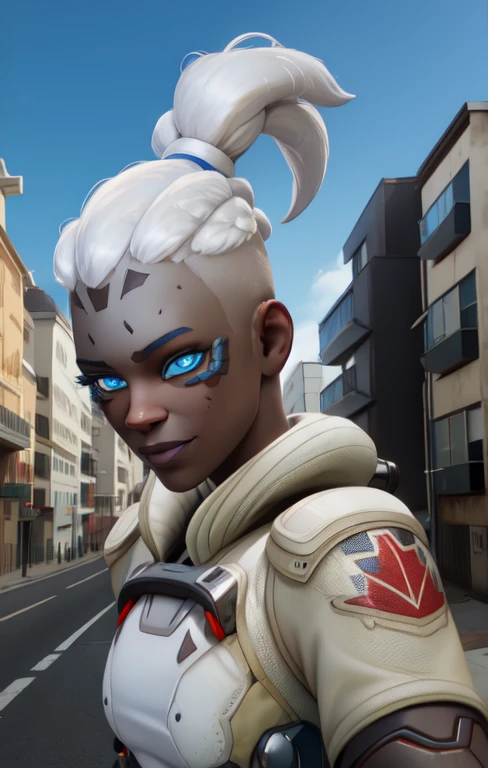 Sojourn, white hair, blue eyes, android, short ponytail,  facial mark, 
mechanical arms,  shorts, shirt, short short sleeves, 
sliding on the ground,  
asphalt between buildings,  daylight, 
 looking at viewer,  smile,
(insanely detailed, beautiful detailed face,beautiful detailed eyes, masterpiece, best quality), solo, 
 