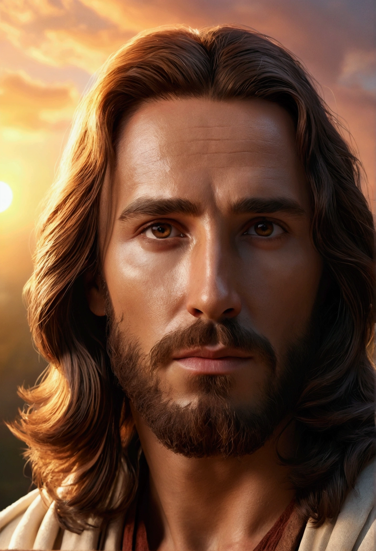 adicionar_detail:1, realistic image of Jesus Christ, adicionar_detail:light and distant light from the sky above the head Jesus Christ, mascle, bearded, long hair, chestnut hair, eyes browns, centered Face, sunset, portraite, Face, comely, perfect composition, comely detailed intricate insanely detailed octane rendering trend in art season, 8k fine art photography, photorrealistic concept art, Soft natural volumetric perfect light, Bright dark, rewarded photography, work of art