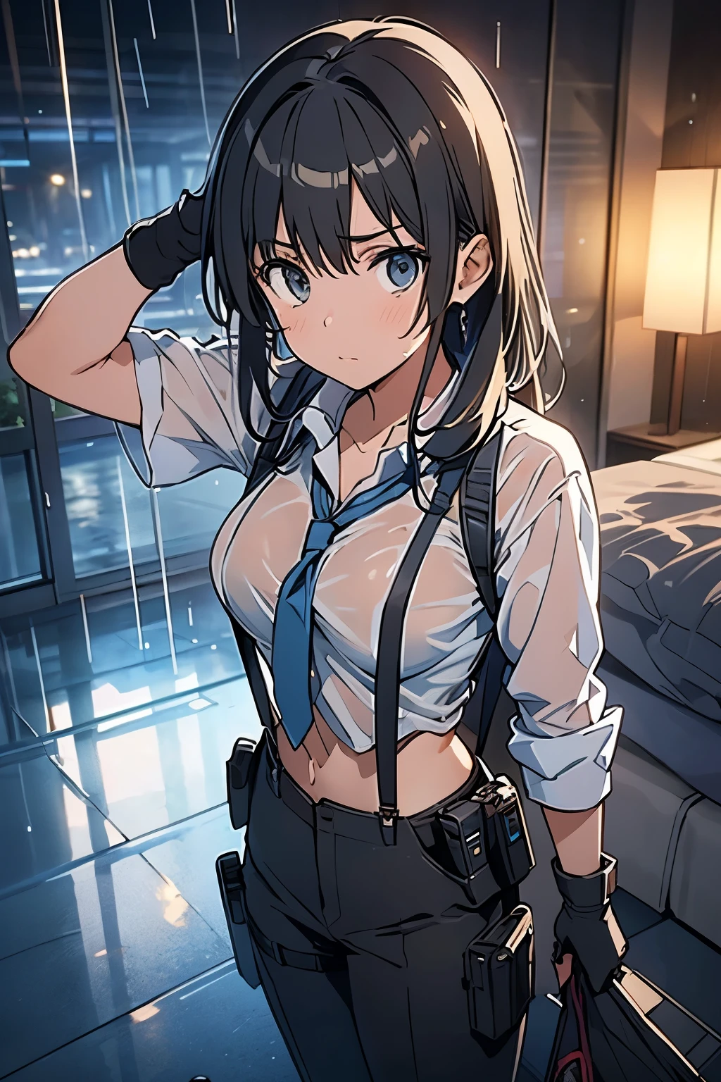 1 female, , high quality, masterpiece, Ultra-high resolution, , Cinema Lighting, , , And the suspenders with the cranes flying Large Breasts Small face holster Lying in bed Looking up Sweat belt summer 脇Sweat Black Hole Gloves suit shirt Black jacket Black trousers Leg Links ズボンにbelt holster Hands behind your back Anxious expression Looking up Anxious face, legs apart Armament Cable ties レッグholster holster See-through clothing heavy rain Getting wet in the rain