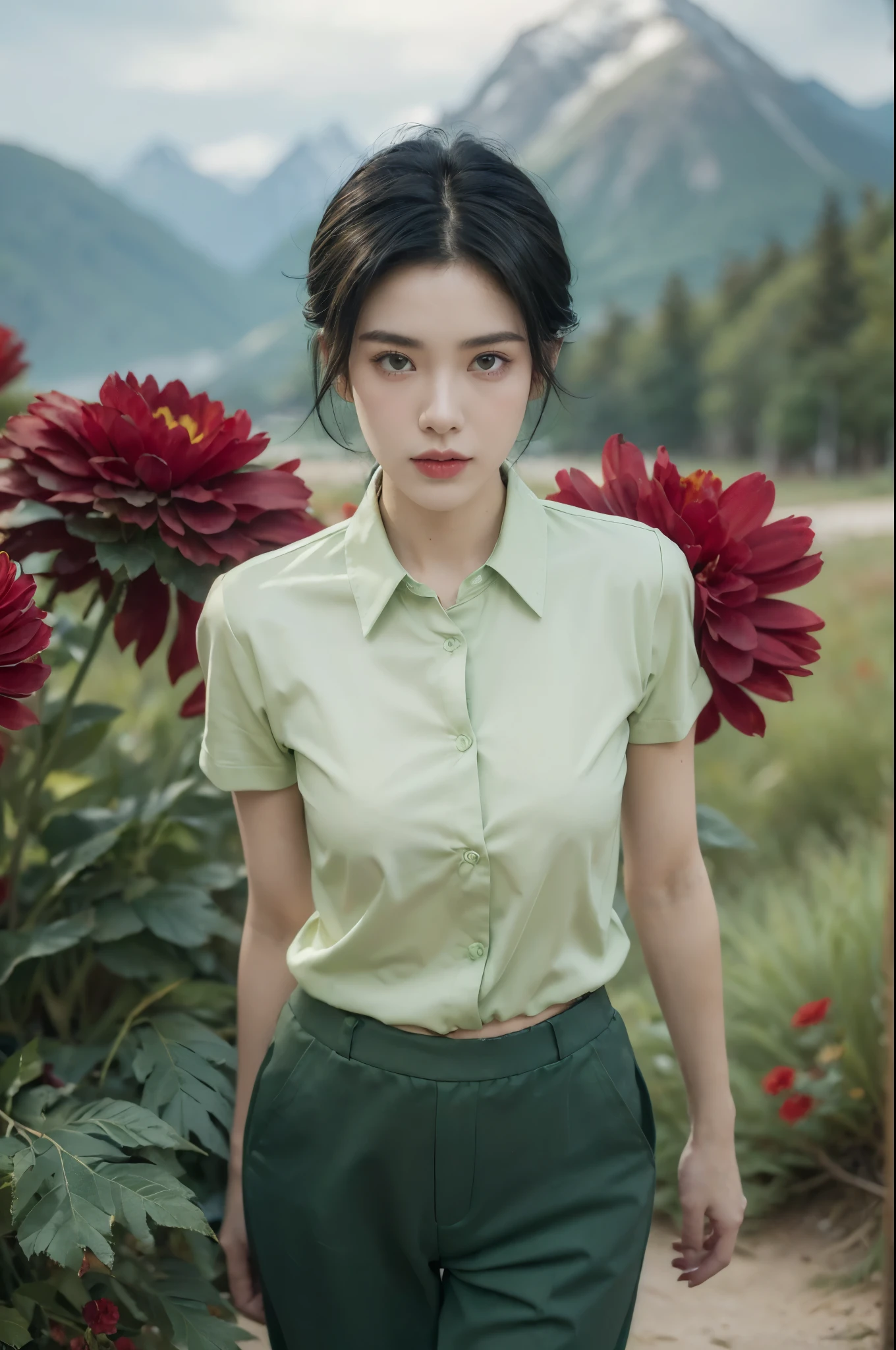 (((best quality))),(((ultra detailed))),(((masterpiece))),illustration,((1 beautiful girl,tomboy,solo)),(short black hair:1.3),((slim,thin)),((small breasts,thin)), vigorous, confident, (light green collared short-sleeved shirt:1.3), (dark green pants:1.2),(slender legs:1.2),(standing:1.3),simplicity, robustness, strong features, (Abandoned Gobi Scene:1.3),(Rock surface:1.2),glowing eyes, rebellious, sensible, (mountainous landscape:1.3), (beside a vibrant red flower:1.3),elegance, unyielding spirit, youthful beauty, strength, resilience, adversity, challenges,((from front,upper body))
