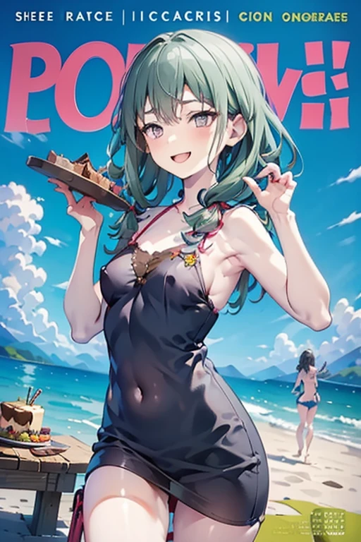 (small breasts:1.2), (perky chest:1.2), (pointed chest:1.2), (Pudding cake magazine cover:1.3),(from below:1.0),(shoot from the side:1.1),masterpiece, 1girl, Amazing Cleavage:1.1, thin waist, optimum,tmasterpiece,hight resolution,best qualtiy,hyper HD,super detailing,awardwinning,a 18yo cute girl,(The upper part of the body),anatomy correct,Beautiful Black miniskirt,garters,Gaze,Small face,bangss,holster,Beautuful Women,hands up,leg holster,Gaze,black boots,Cowboy Shot,cute face,a blond,Longhaire,Twin-tailed,Braids, Hairline,(scarlet eyes),long eyelasher,Hanging eye corners,White skin of the, ((see through camisole:1.1)), ((Sheer nipples:1.0)),Rocket Tits,(Slim body),smile,seductive weak smiling,(with sparkling eyes and a contagious smile),little open mouth, Looking at Viewer,
