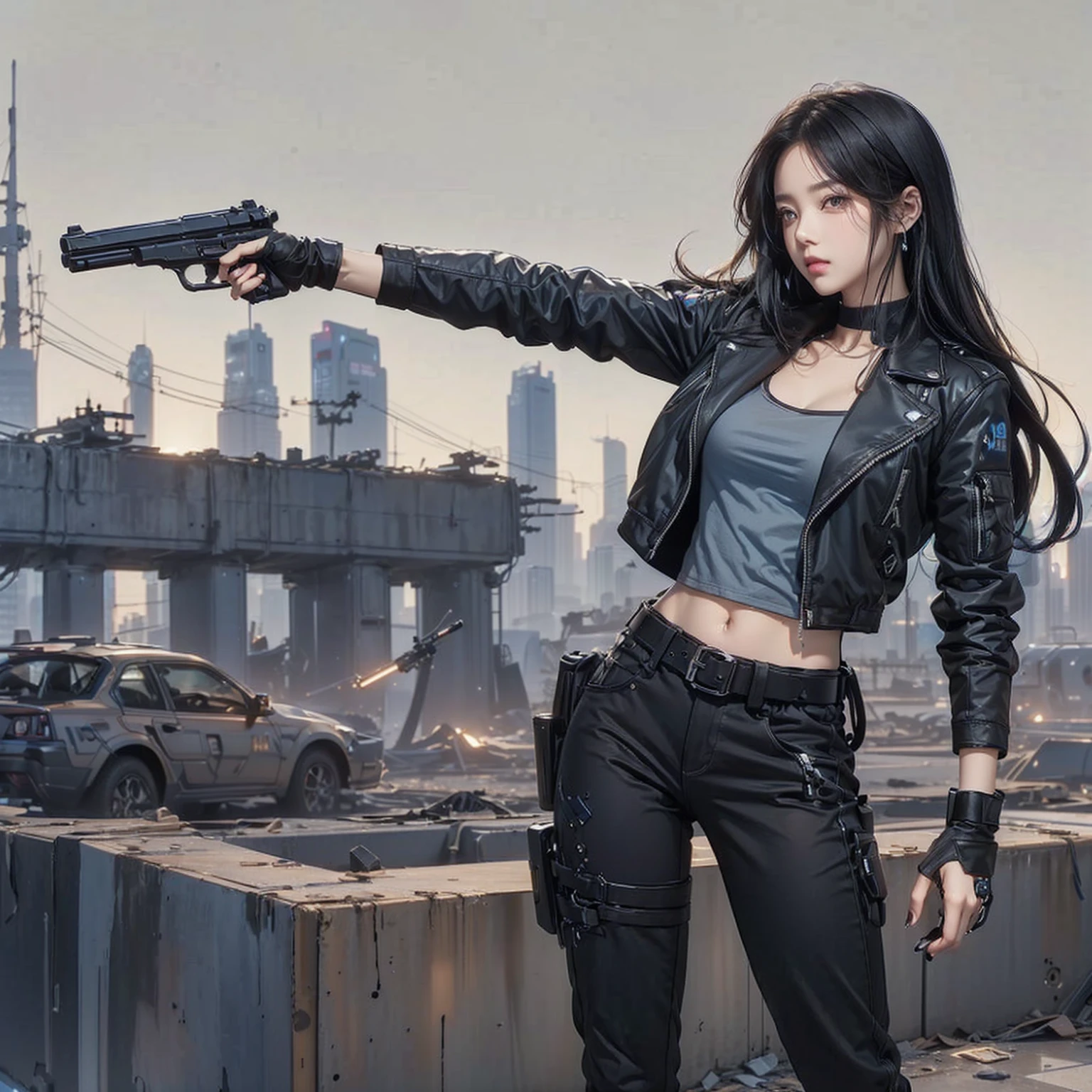 (Hold the gun., raw photos, best quality, skill:1.2), (realistically, realistic:1.37),(kpop idols), (Aegyo Sal:1),cute,professional lighting, Photon mapping, Radio City, Physical rendering , cosplay, lucy \(cyberpunk\), , mechanical parts, gray eyes, tight black suit, เมืองcyberpunk, black shorts, , neon light, sexy, smoke, looking up at the viewer,, High resolution in 8ก, 8ก, CG wallpaper, realistically, clear background, Medium bust, body,