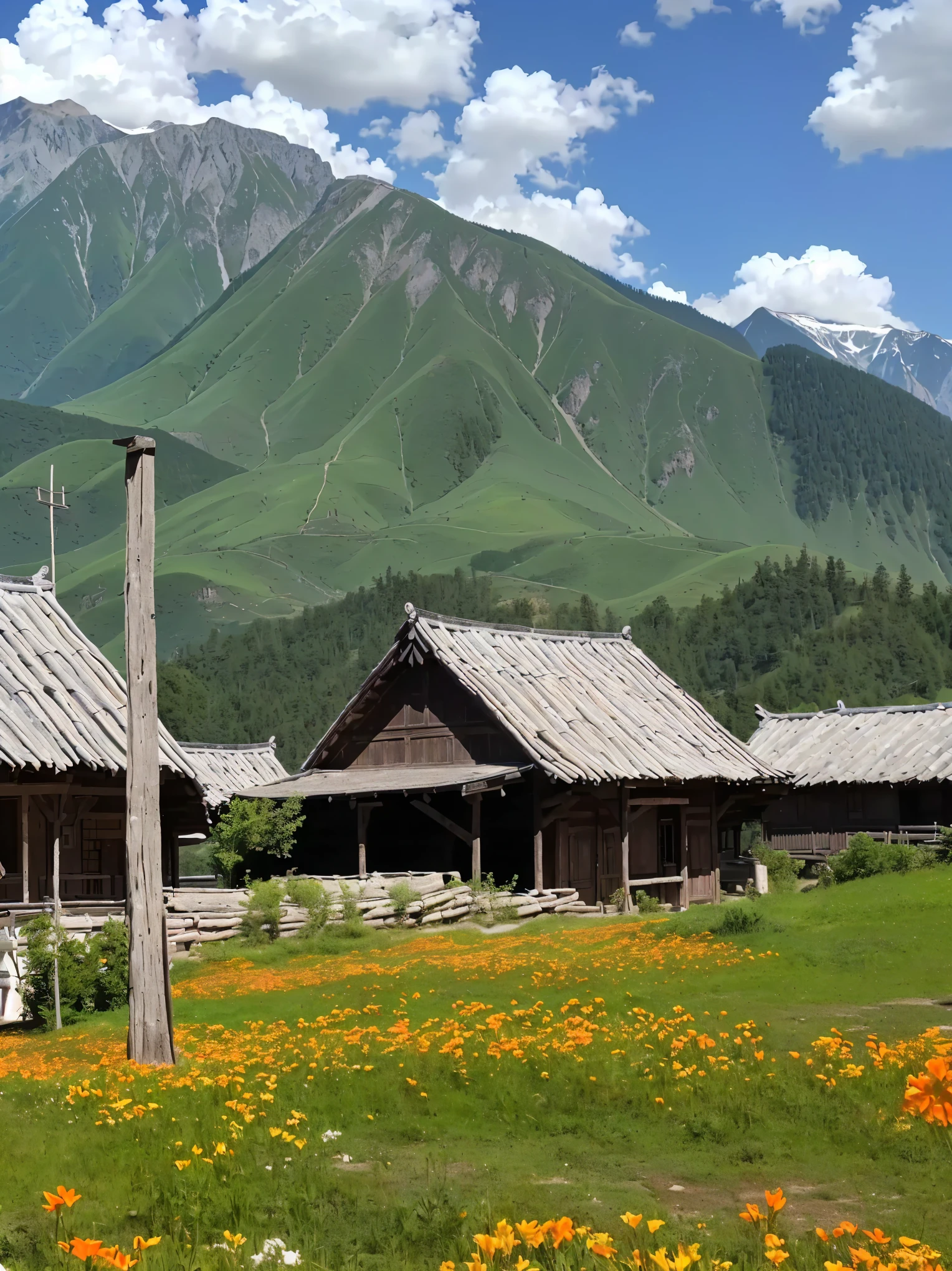 Mountains in the background,有一座Wooden house和一个秋千, Hut, Stunning images, village, 前景中的Hut, By Muggur, author:Werner Andermatt, villages at background, 与village庄, Wooden house, Alexander Runciman, Beautiful images, Very very beautiful scenery, Located in the Hacibektash complex