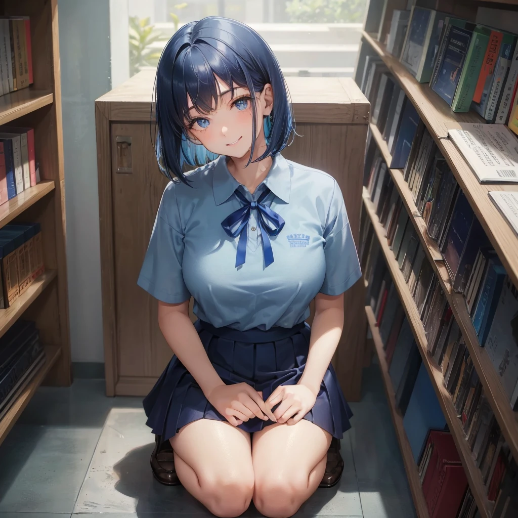 1. High school girl 17-year-old female Bobcut dark blue hair color High School Uniform Light blue Y-shirt Short sleeve Blue Ribbon dark blue hair color Slim figure Large Breasts Full body portrait School library Smiling Kindly Laugh a little library Hand Signs squat Kneel Look up here